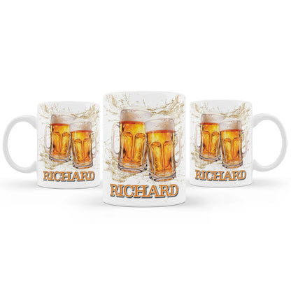Beer adult birthday sublimation mug with beer mug graphics and party theme wrap design, ceramic mug on white background