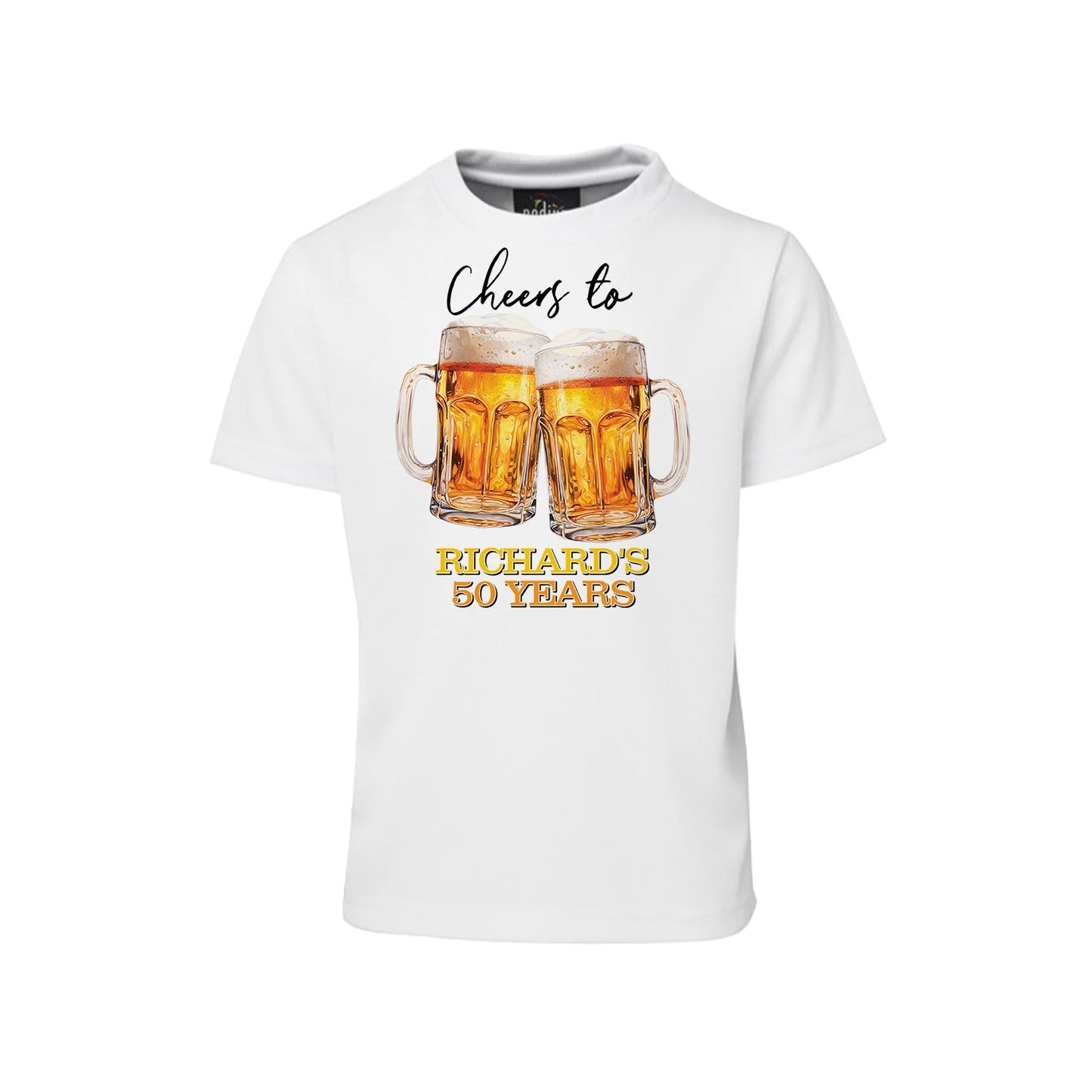 Beer adult birthday sublimation t-shirt with beer mug graphic and bold party text, shirt flat lay on white background