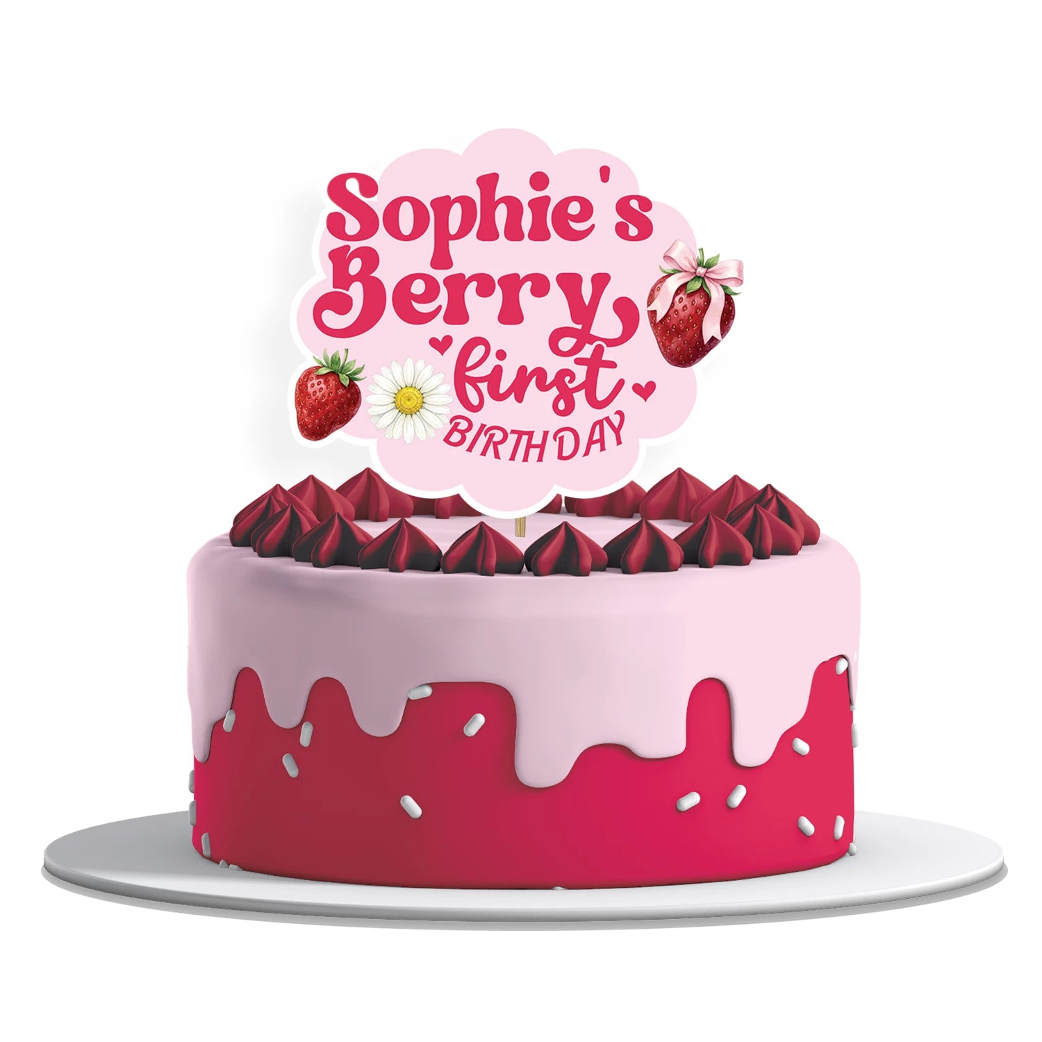 Berry strawberry personalized cake toppers with strawberry illustrations and soft colors, cardstock toppers on white background