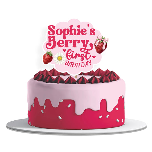 Berry strawberry personalized cake toppers with strawberry illustrations and soft colors, cardstock toppers on white background