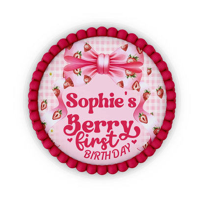 Berry strawberry personalized edible icing cake images with strawberry pattern and pastel colors, frosting sheets on white background