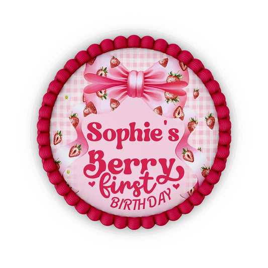 Berry strawberry personalized edible icing cake images with strawberry pattern and pastel colors, frosting sheets on white background