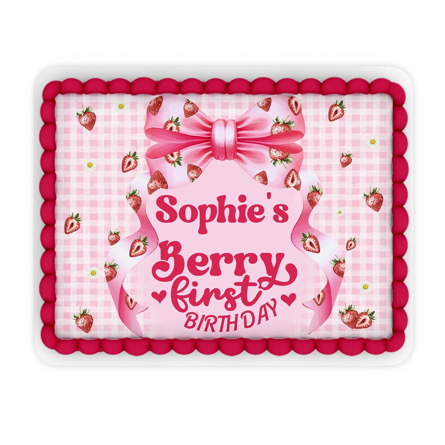 Berry strawberry personalized edible sheet cake images with strawberry graphics and custom text, rectangular icing sheet on white background