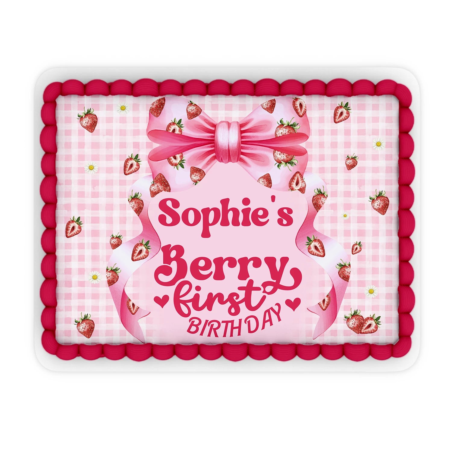 Berry strawberry personalized edible sheet cake images with strawberry graphics and custom text, rectangular icing sheet on white background