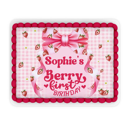 Berry strawberry personalized edible sheet cake images with strawberry graphics and custom text, rectangular icing sheet on white background