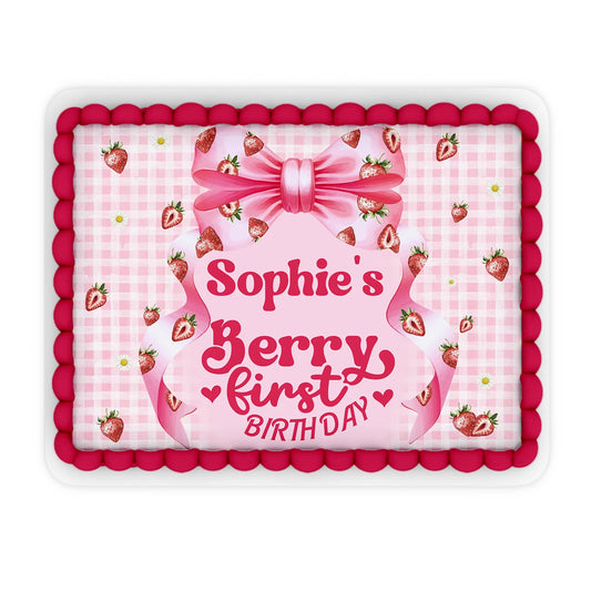 Berry strawberry personalized edible sheet cake images with strawberry graphics and custom text, rectangular icing sheet on white background