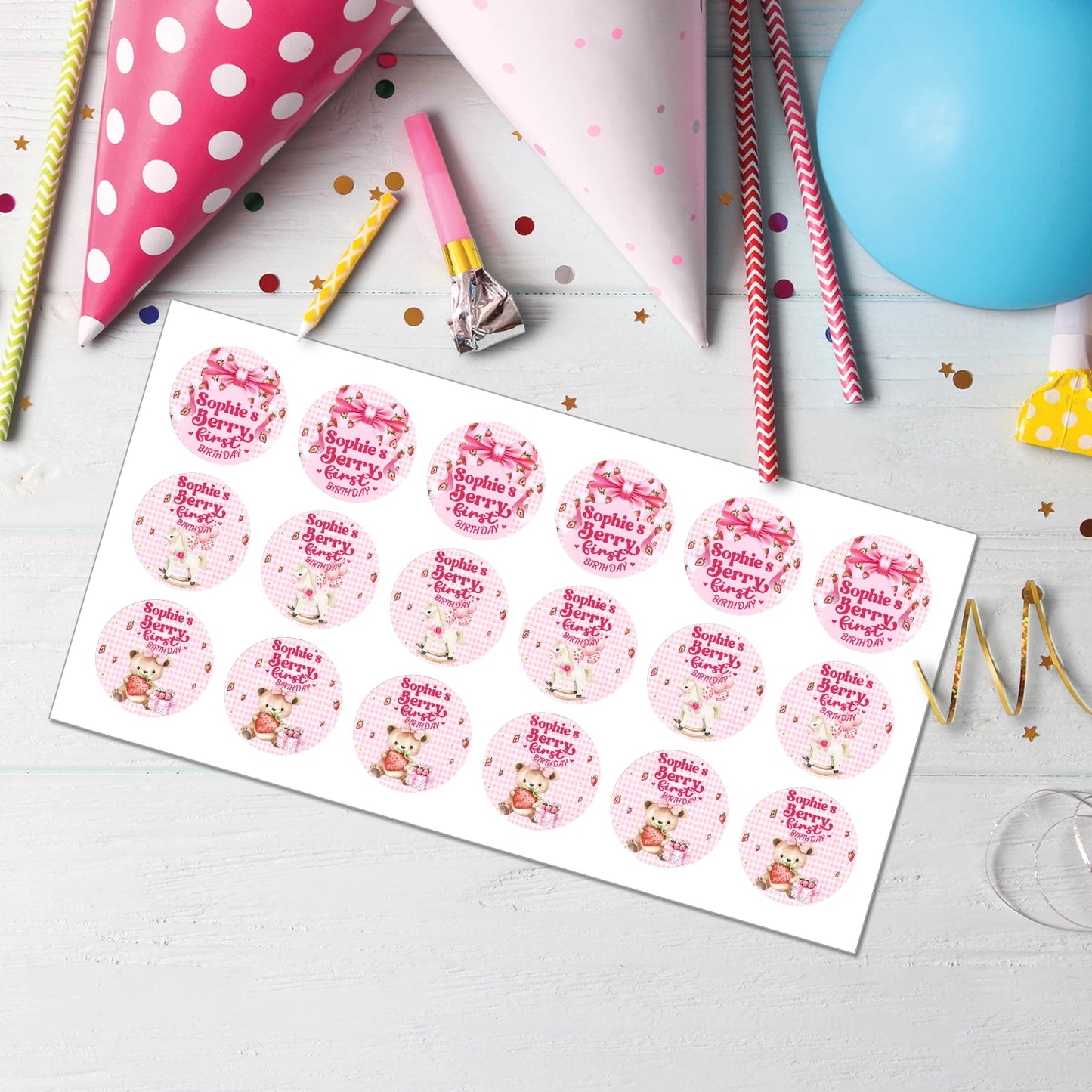 Berry Strawberry Personalized Cupcake Toppers Sweet Party Decor