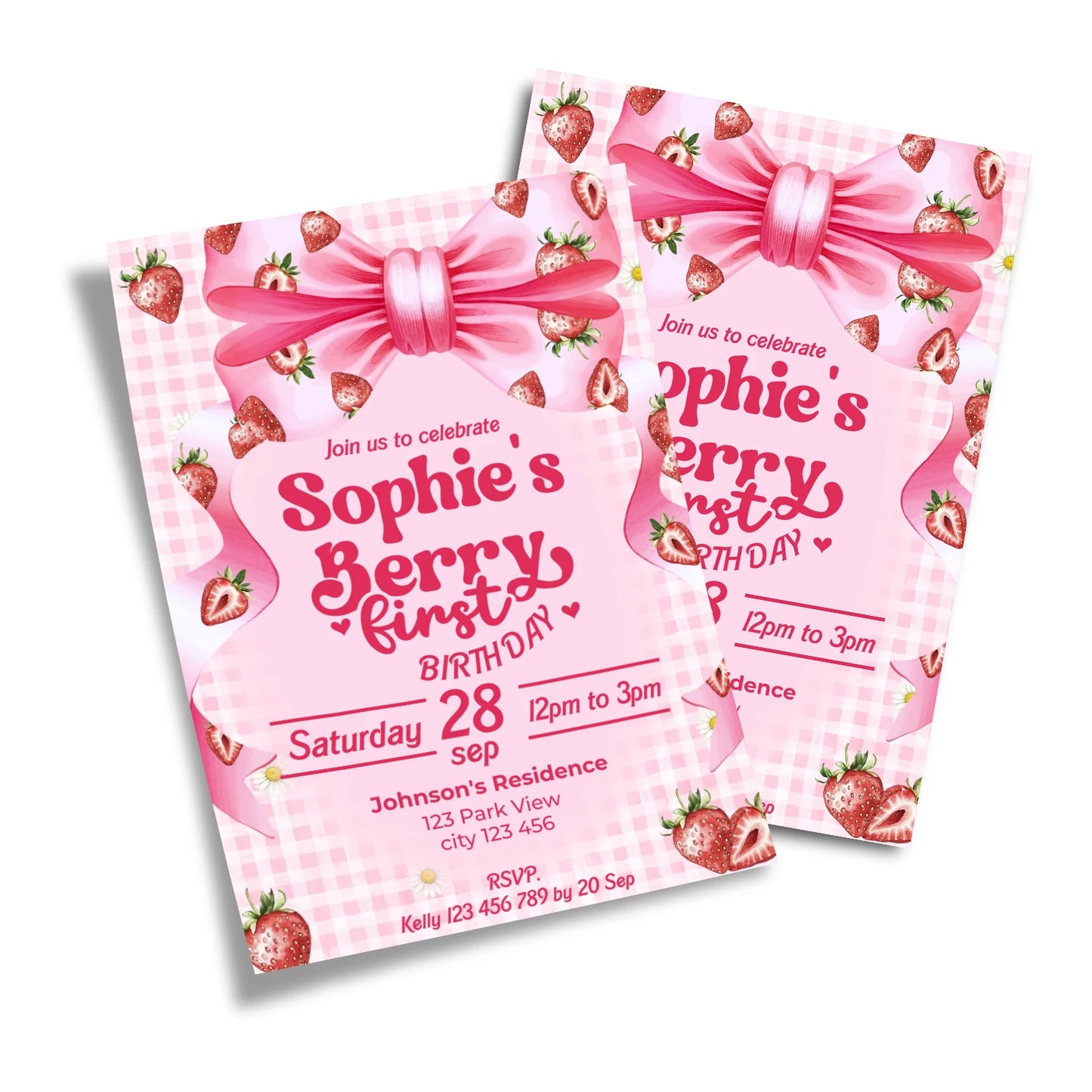 Berry strawberry personalized birthday card invitations with strawberry theme and soft colors, flat lay card on white background