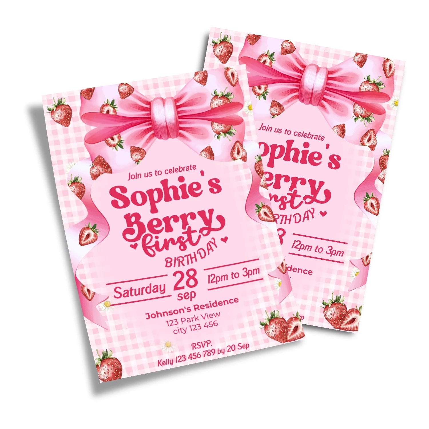 Berry strawberry personalized birthday card invitations with strawberry theme and soft colors, flat lay card on white background