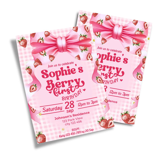 Berry strawberry personalized birthday card invitations with strawberry theme and soft colors, flat lay card on white background