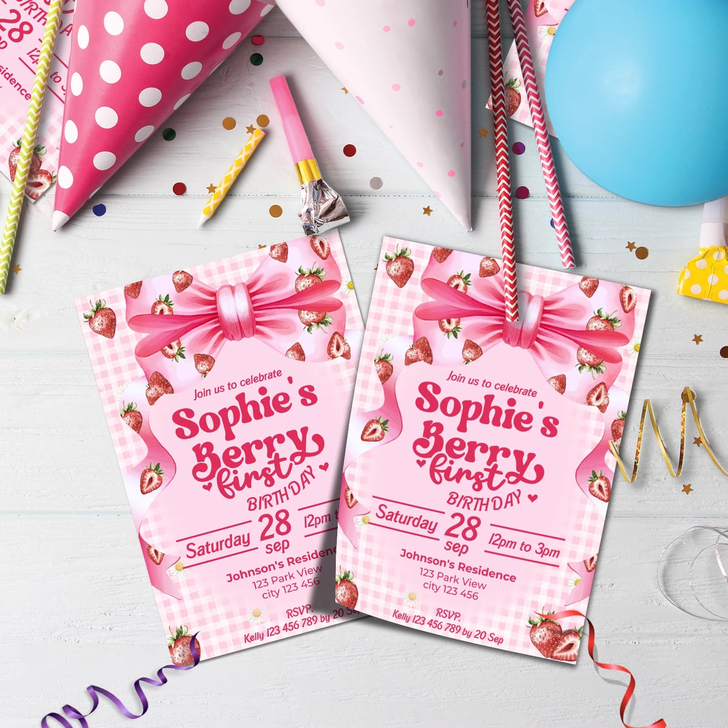 Strawberry Birthday Decorations, Girls Birthday Party Supplies, 1st Birthday Themed, Berry Digital Template, Editable Berry Strawberry Image SVG PNG