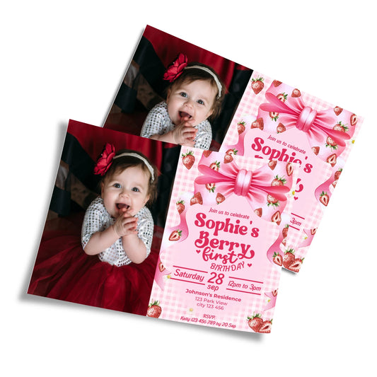 Berry strawberry personalized photo card invitations with strawberry graphics and photo space, displayed on white background