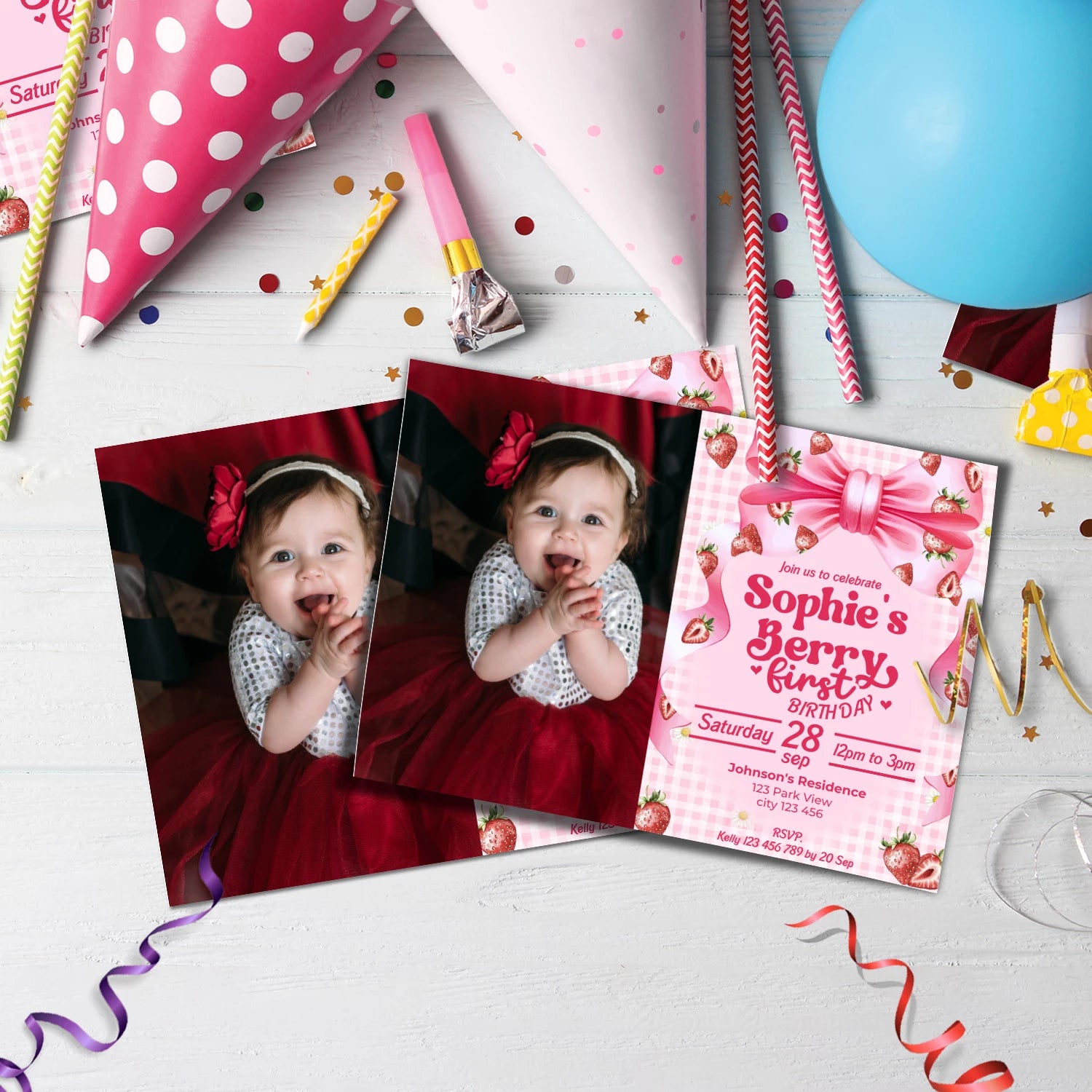 Strawberry Birthday Decorations, Girls Birthday Party Supplies, 1st Birthday Themed, Berry Digital Template, Editable Berry Strawberry Image SVG PNG