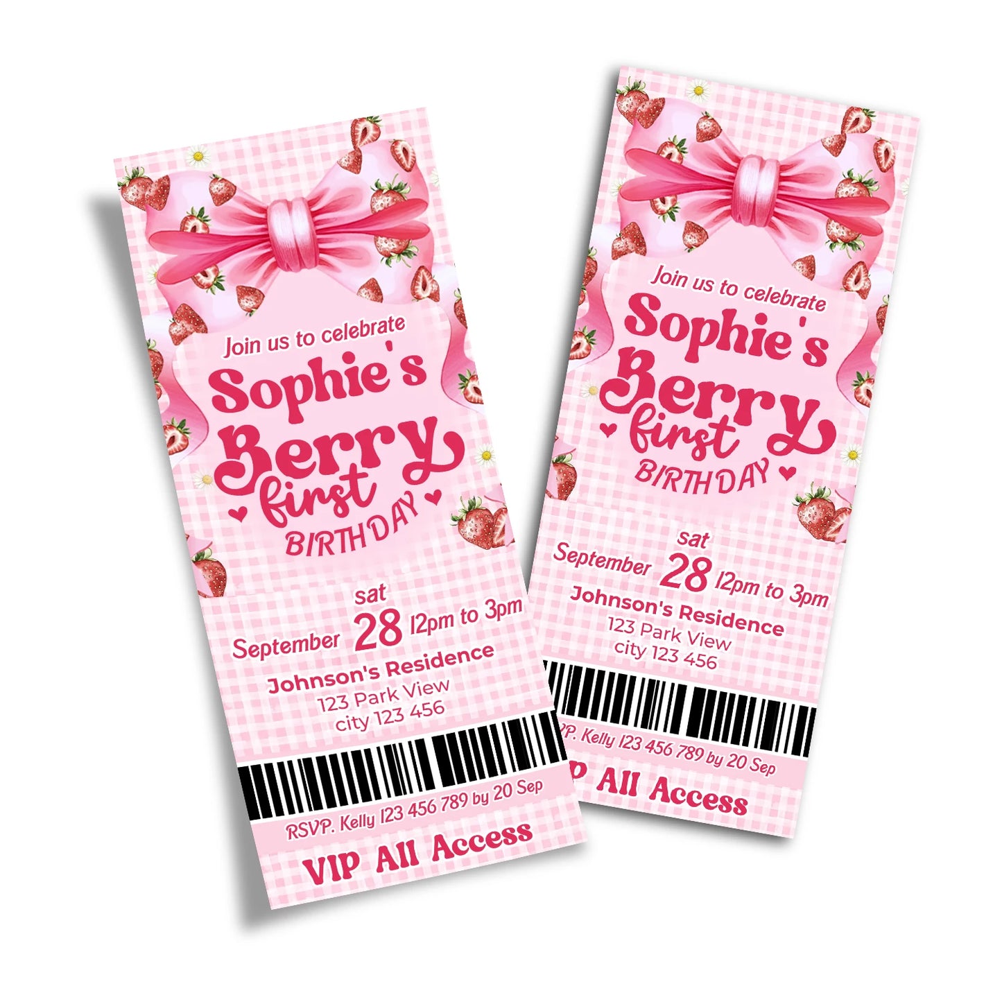 Berry strawberry personalized birthday ticket invitations with strawberry theme and pastel colors, ticket style on white background
