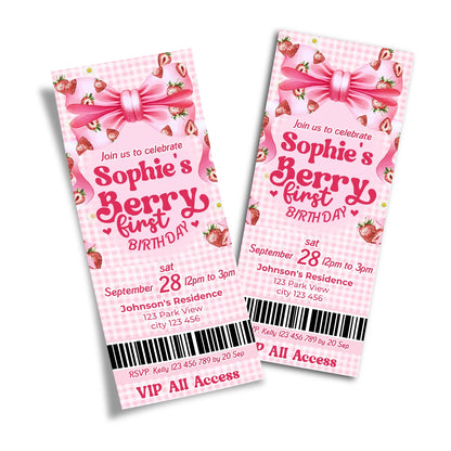 Berry strawberry personalized birthday ticket invitations with strawberry theme and pastel colors, ticket style on white background