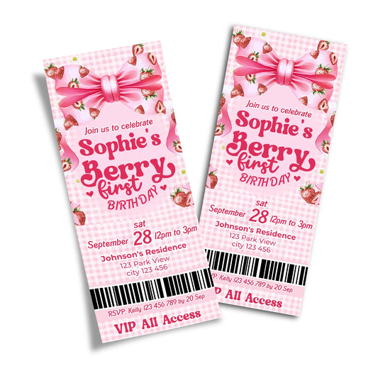 Berry strawberry personalized birthday ticket invitations with strawberry theme and pastel colors, ticket style on white background