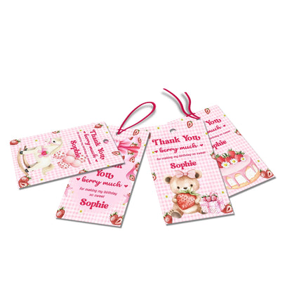 Berry strawberry thank you tags with strawberry illustrations and pink accents, favor tags arranged on white background