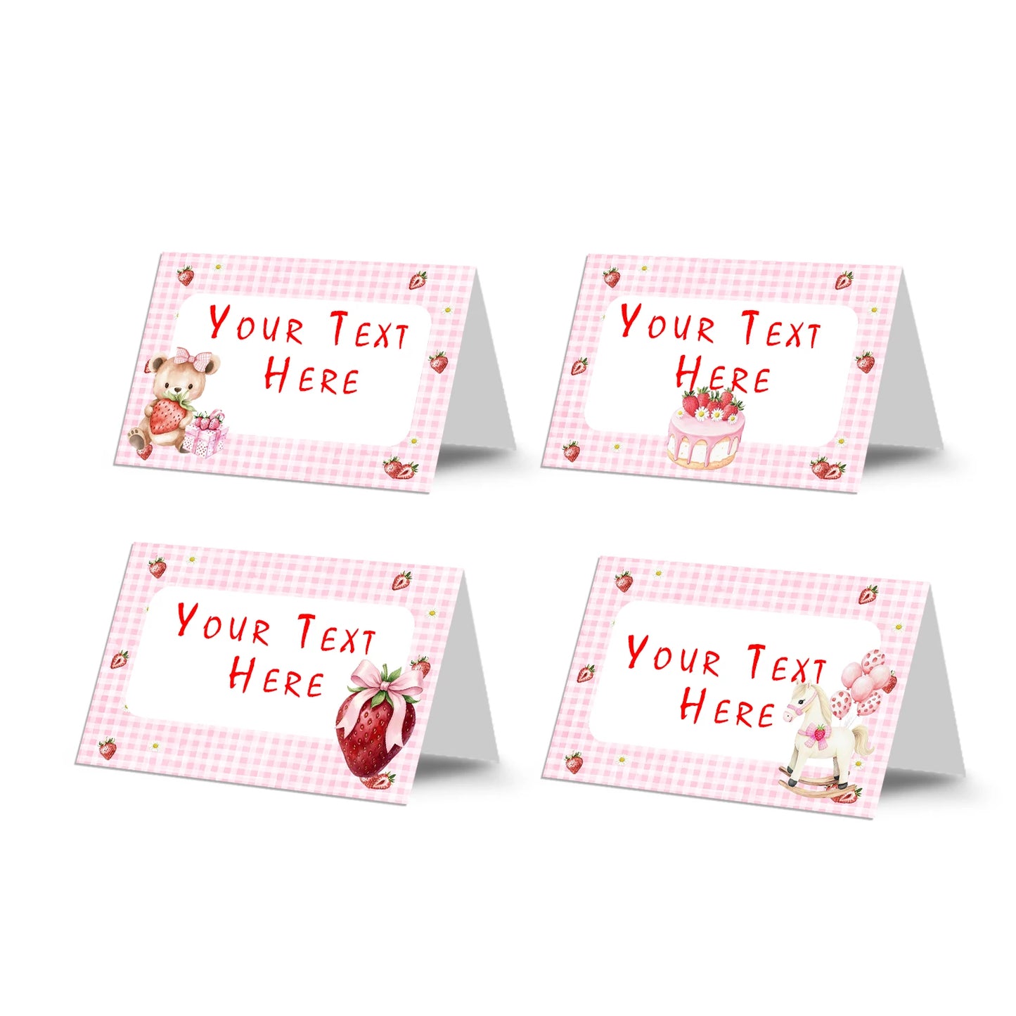 Berry strawberry food cards with strawberry theme and soft colors, tent style table cards on white background