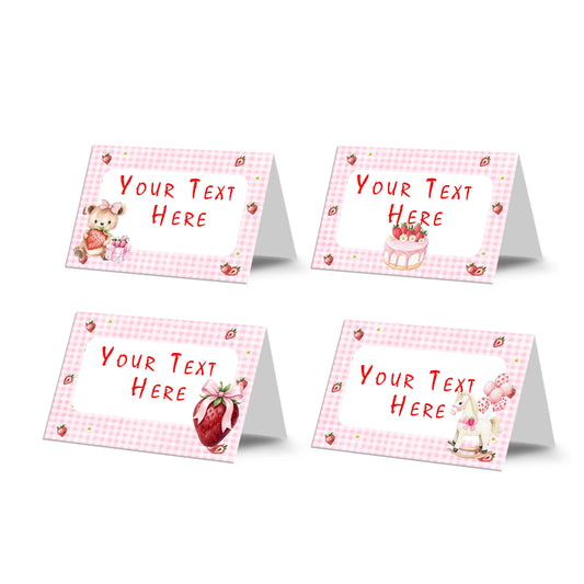 Berry strawberry food cards with strawberry theme and soft colors, tent style table cards on white background
