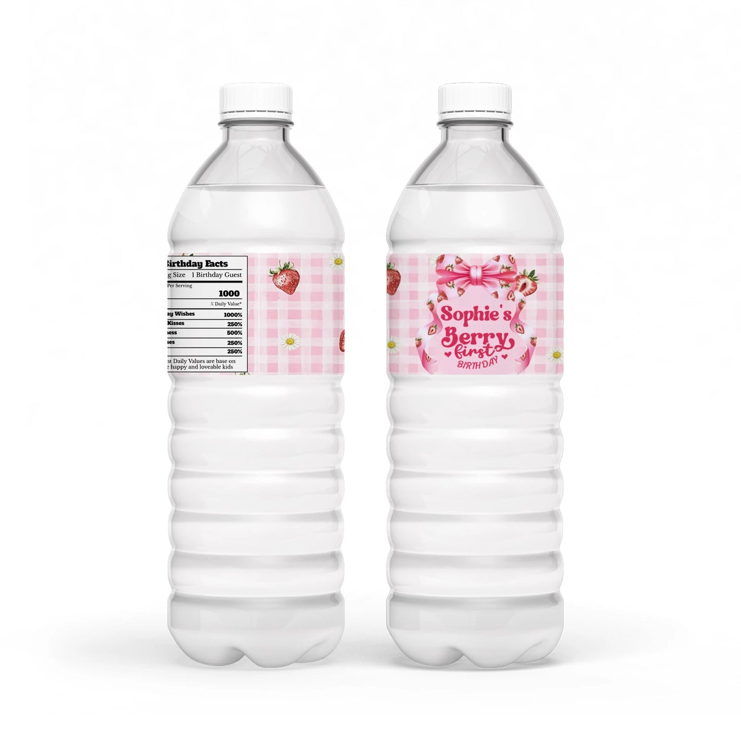 Berry strawberry water bottle label with strawberry pattern and pastel tones, wrap label displayed on white background