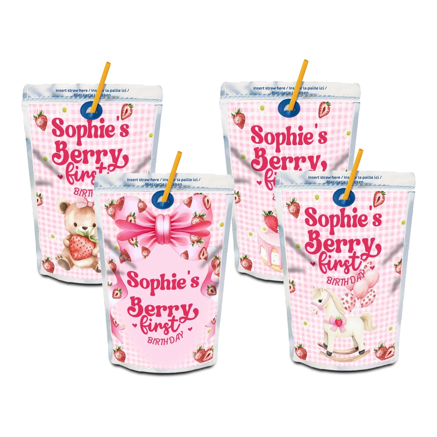 Berry strawberry juice pouch label with strawberry graphics and pink accents, rectangular label on white background