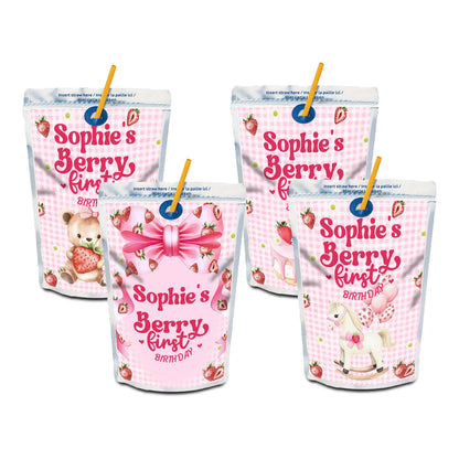 Berry strawberry juice pouch label with strawberry graphics and pink accents, rectangular label on white background