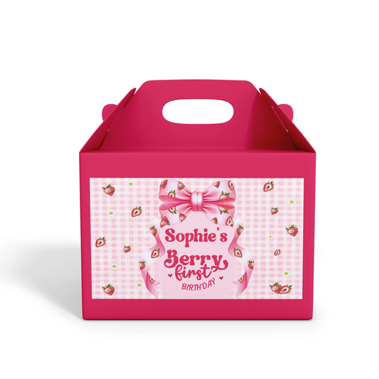 Berry strawberry treat box label with strawberry pattern and pastel tones, printable label on white background