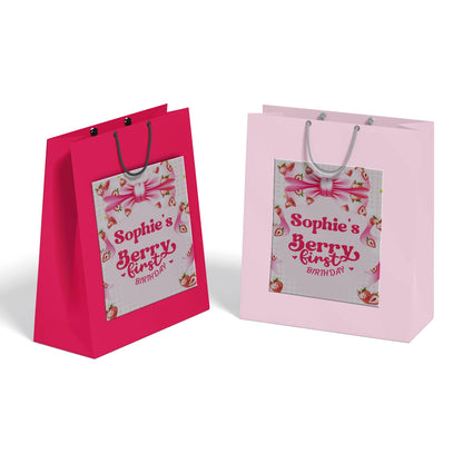 Berry strawberry goodie bag label with strawberry graphics and soft colors, favor bag label on white background