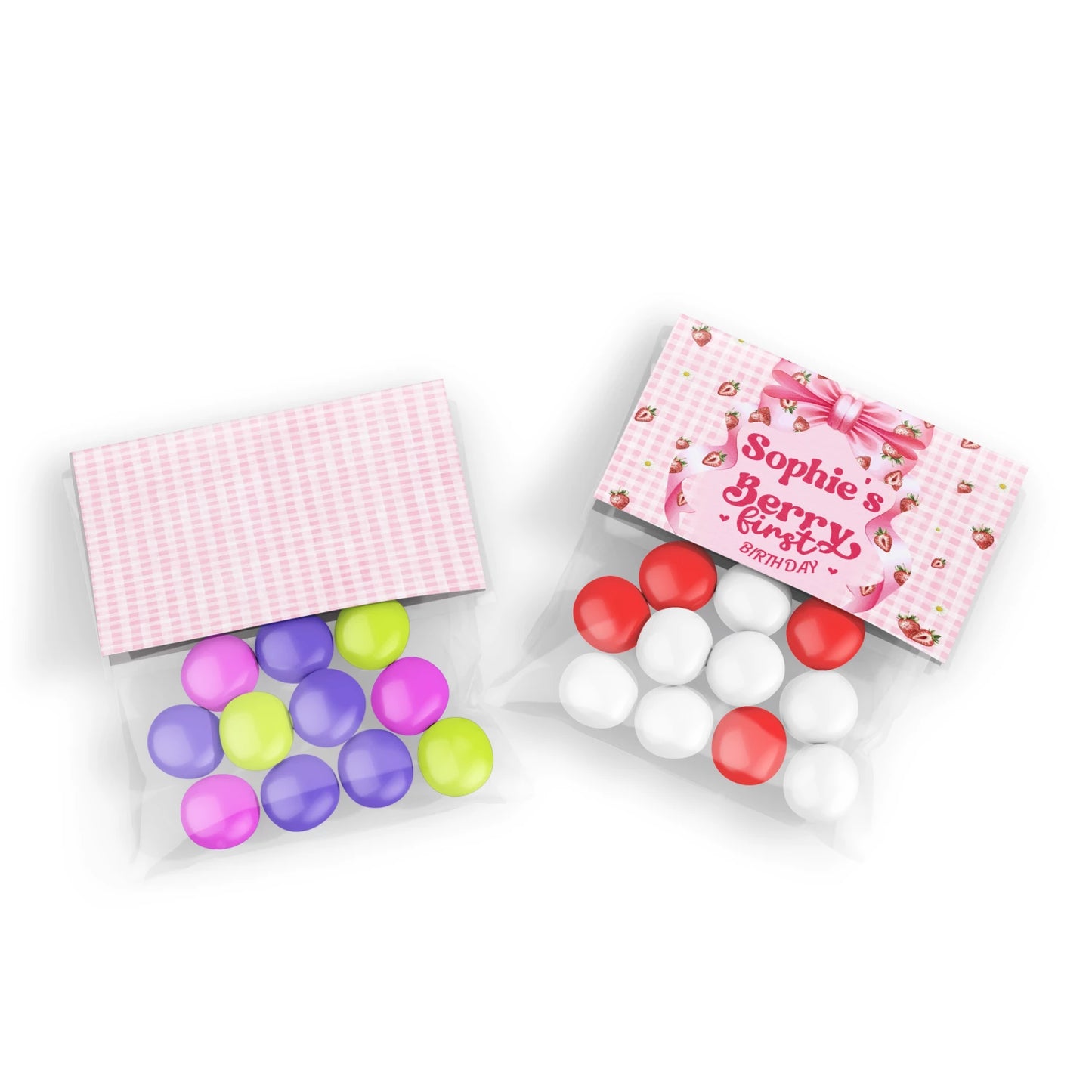 Berry strawberry treat bag topper label with strawberry illustrations and soft tones, folded topper on white background