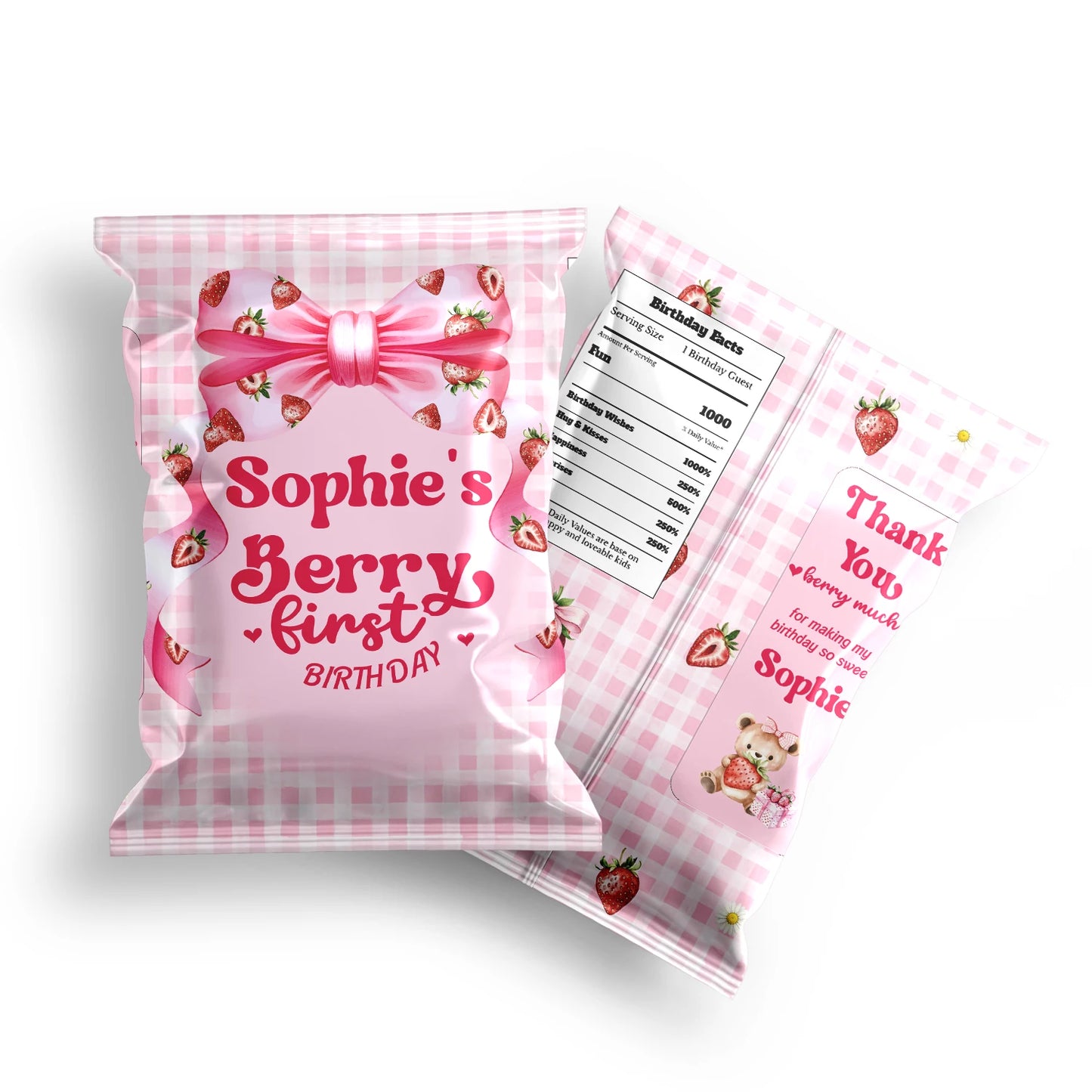 Berry strawberry chips bag label with strawberry pattern and pastel colors, snack bag label on white background