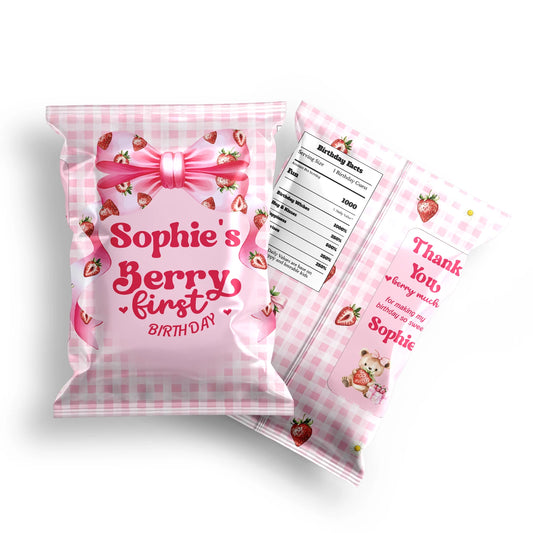 Berry strawberry chips bag label with strawberry pattern and pastel colors, snack bag label on white background