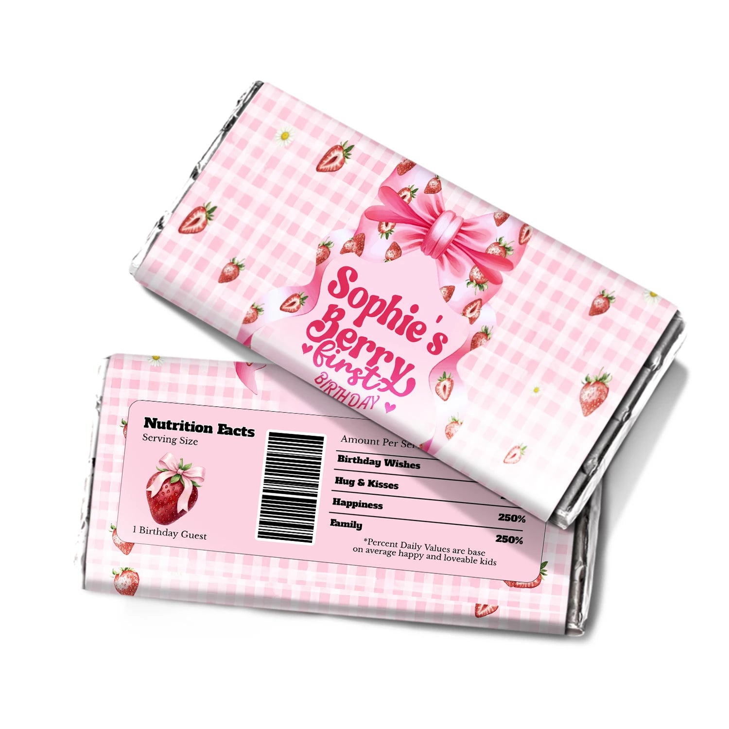 Berry strawberry chocolate label with strawberry graphics and pink tones, candy bar wrapper on white background