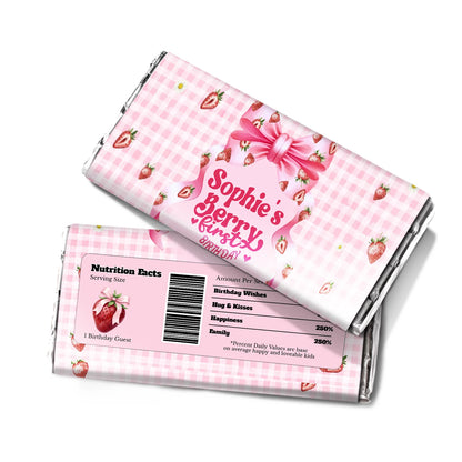 Berry strawberry chocolate label with strawberry graphics and pink tones, candy bar wrapper on white background