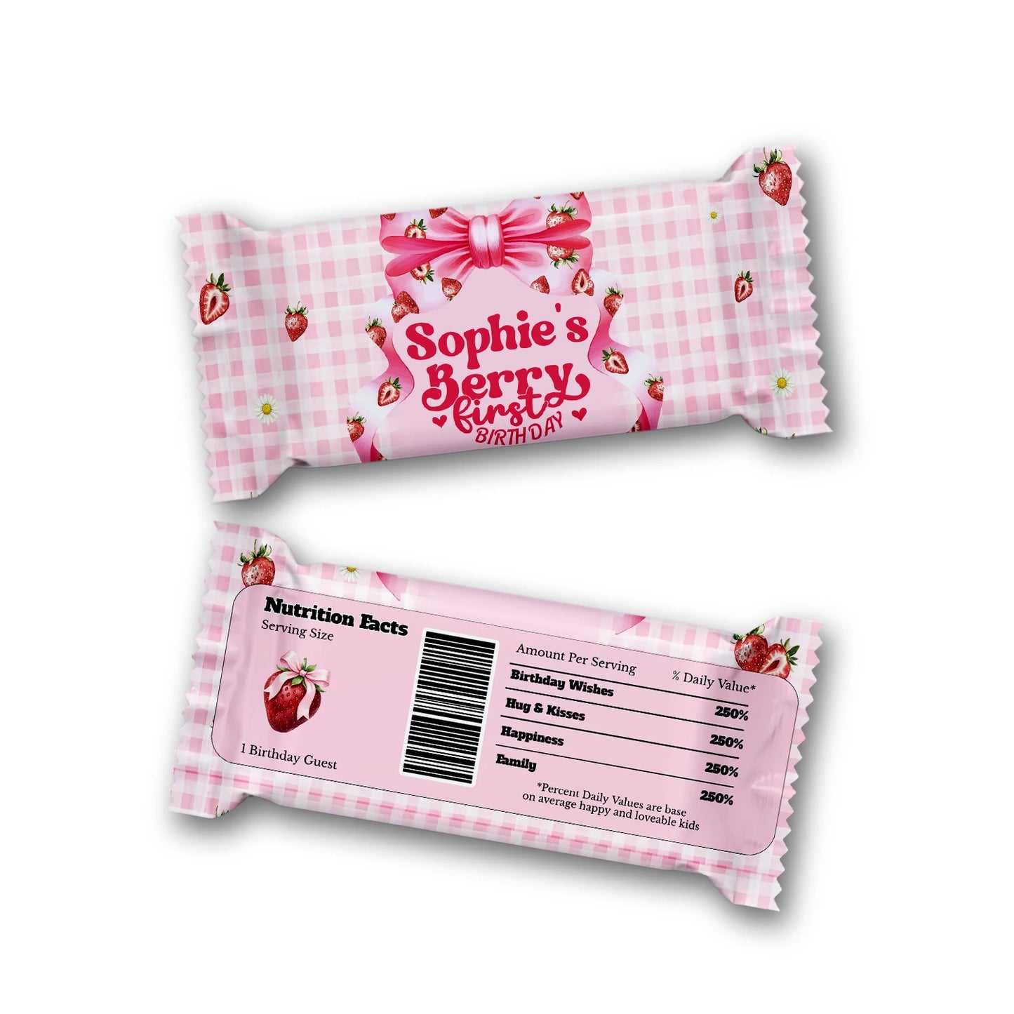 Berry strawberry Rice Krispies treats and candy bar labels with strawberry theme, flat lay on white background
