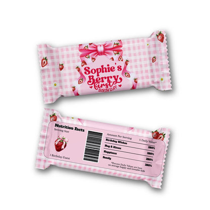 Berry strawberry Rice Krispies treats and candy bar labels with strawberry theme, flat lay on white background