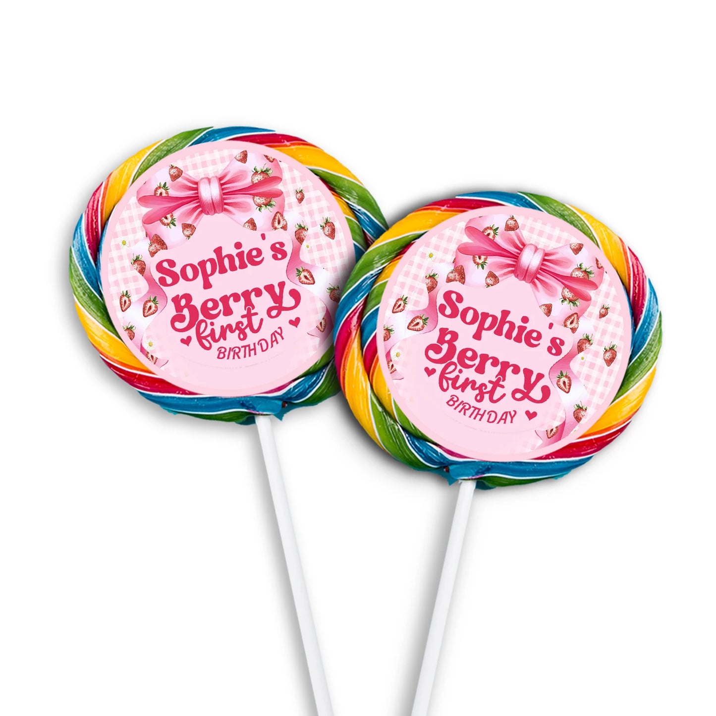 Berry strawberry lollipop label with strawberry graphics and pastel tones, round candy label on white background