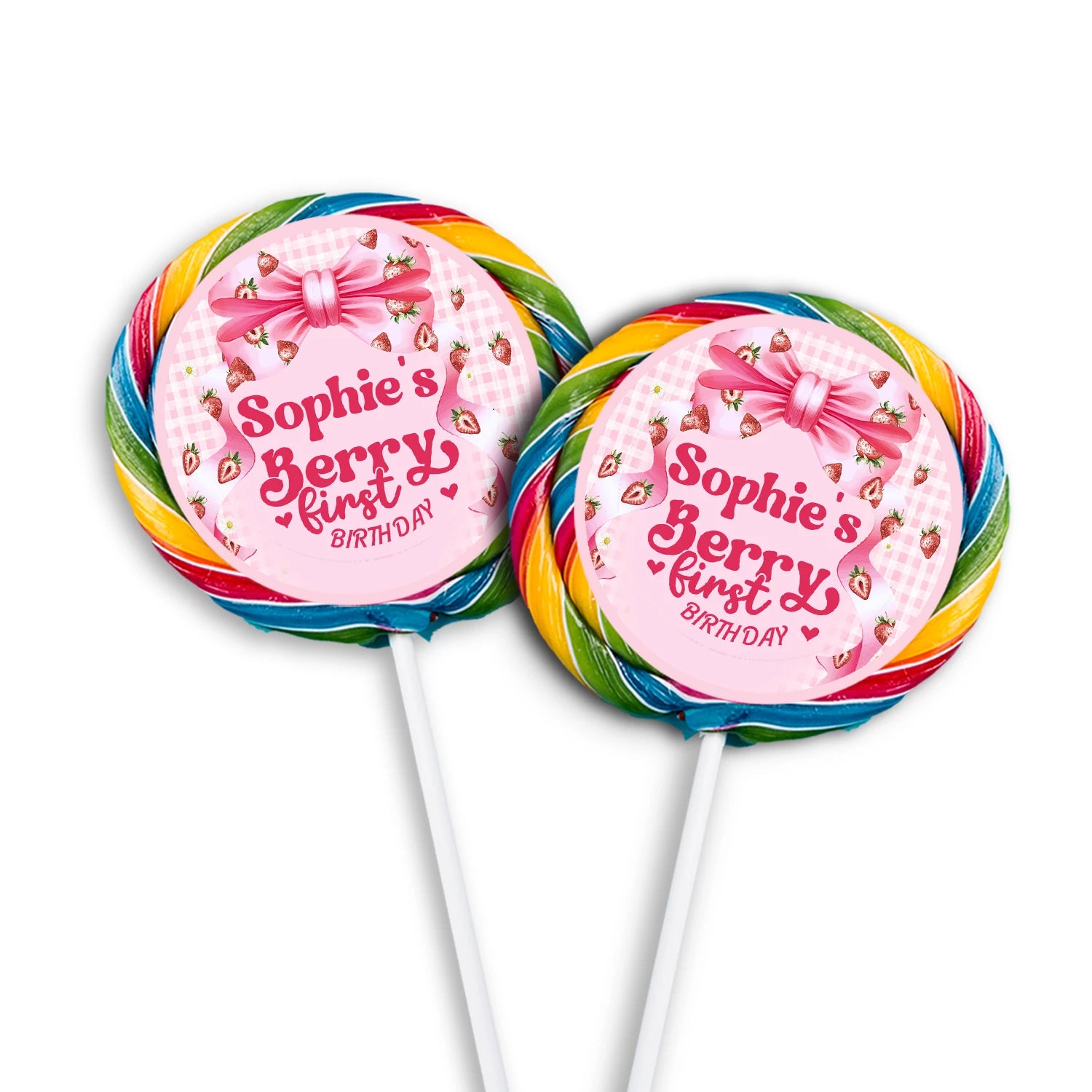 Berry strawberry lollipop label with strawberry graphics and pastel tones, round candy label on white background