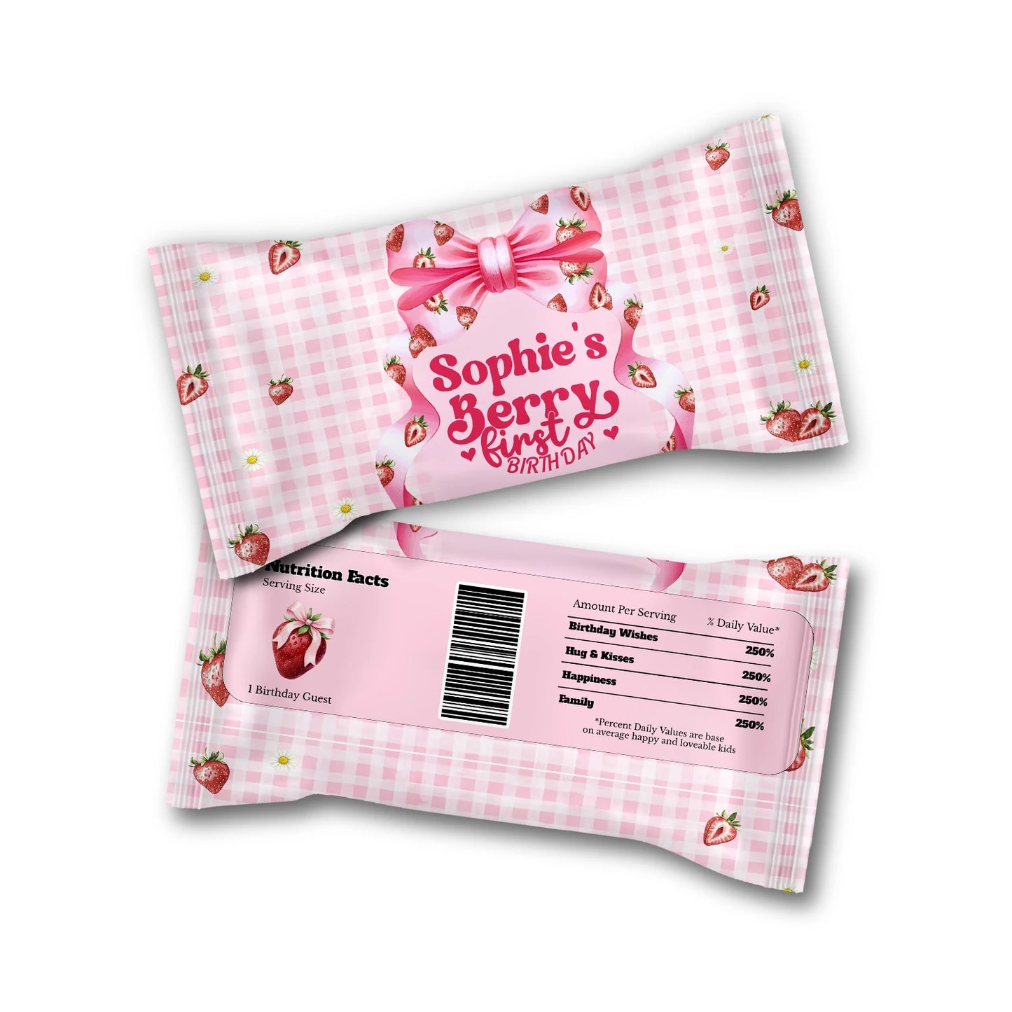 Berry strawberry Skittles label with strawberry pattern and soft colors, candy wrap label on white background