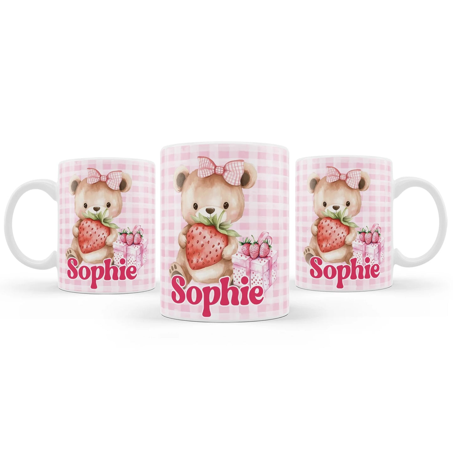 Berry strawberry sublimation mug with strawberry pattern and pastel colors, ceramic mug on white background