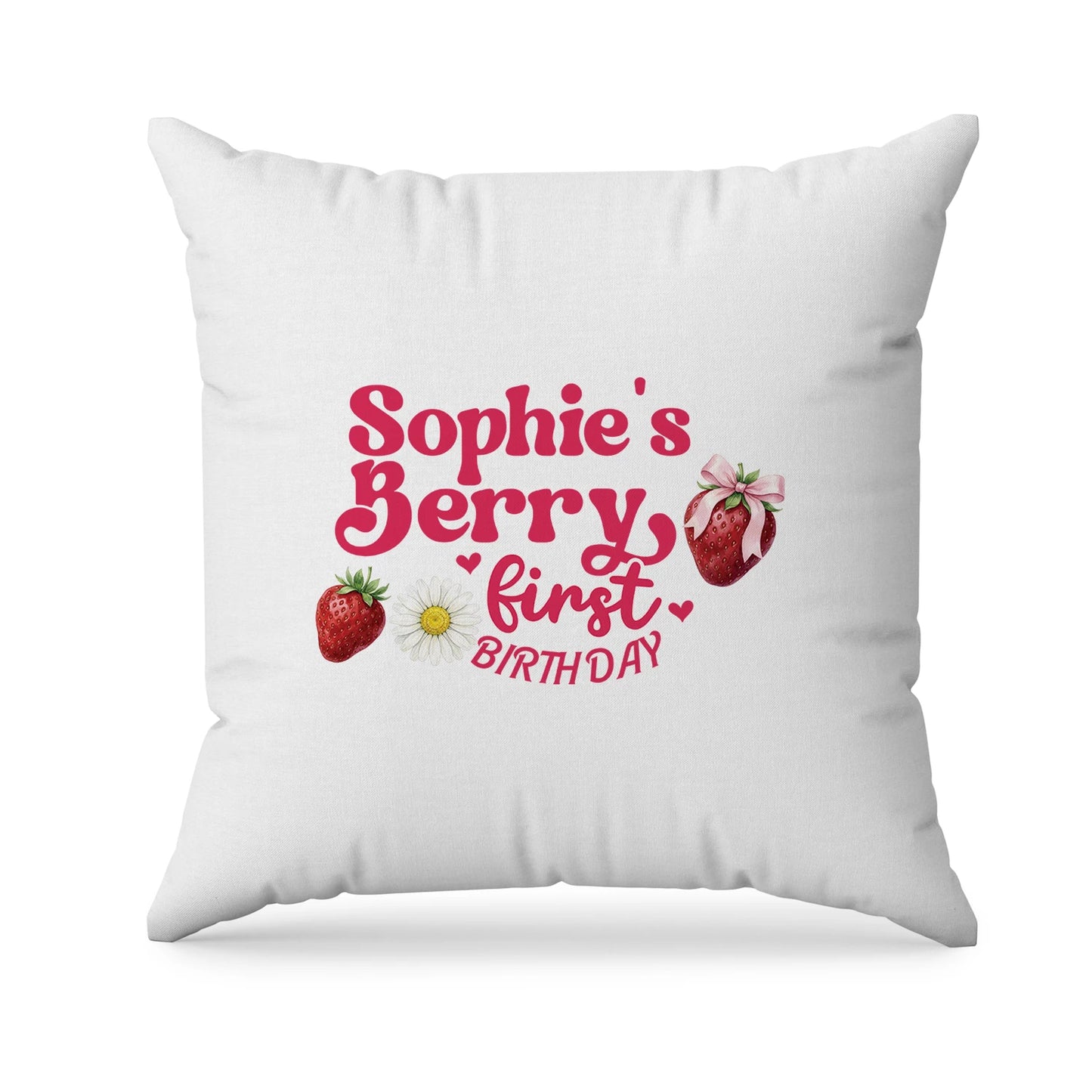 Berry strawberry sublimation pillowcase with strawberry print and soft pink tones, fabric pillowcase on white background