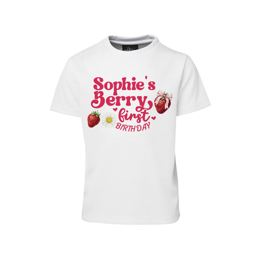 Berry strawberry sublimation t-shirt with strawberry graphic and pastel colors, shirt flat lay on white background
