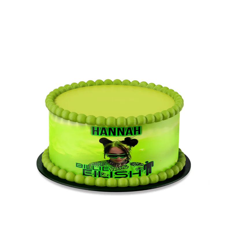 Billie Eilish cake strips with bold green and black design pattern shown flat lay on white surface