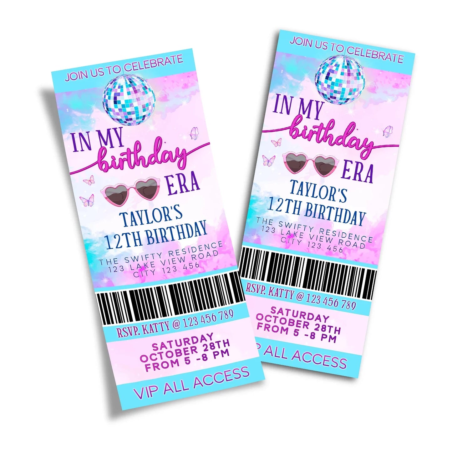 Eras Tour Taylor Swift Personalized Birthday Ticket Invitation for themed parties