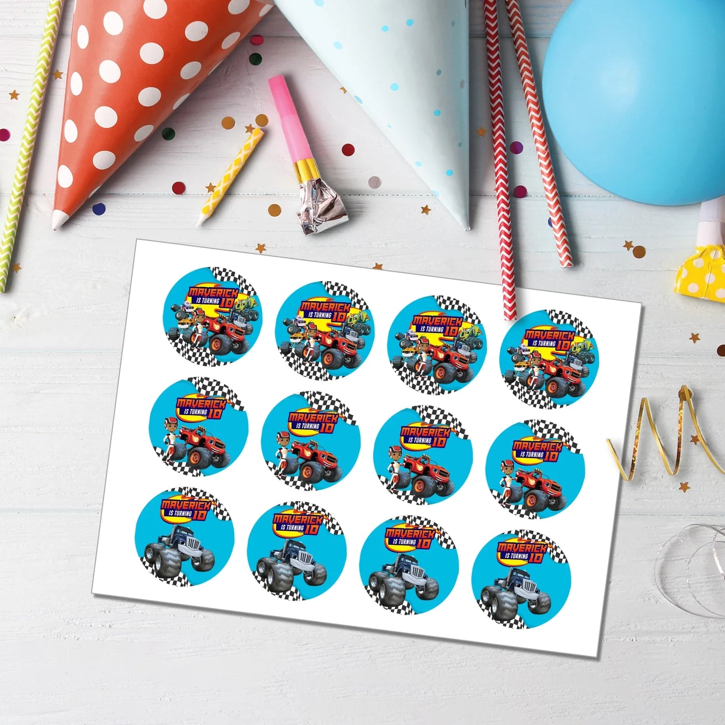 Blaze The Monster Machines Personalized Cupcake Toppers for Birthday Party