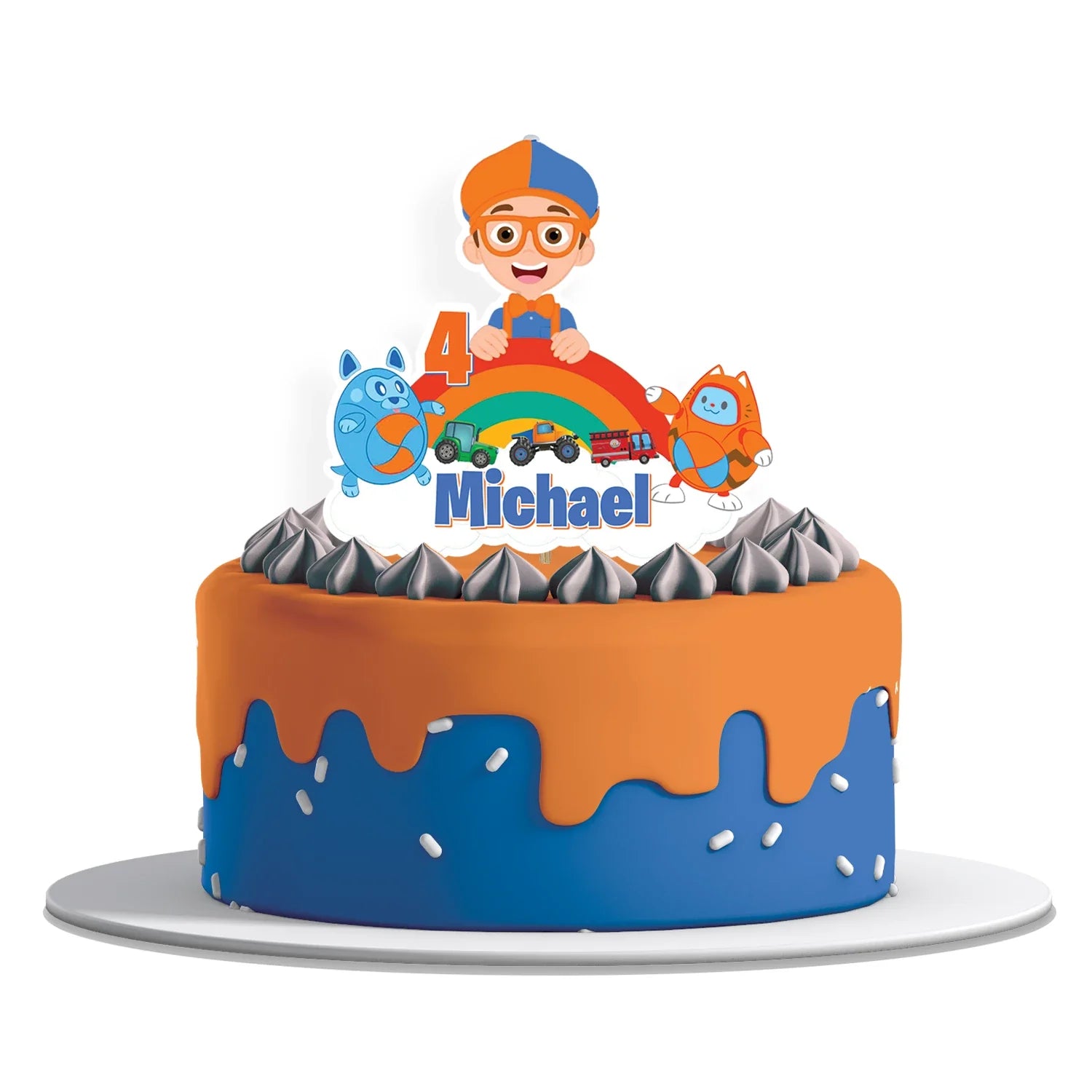 Blippi personalized cake toppers featuring bright blue and orange characters, cardstock toppers displayed on white background