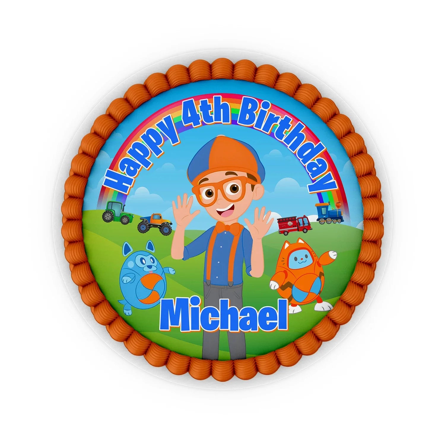 Blippi personalized edible icing cake images with vibrant blue and orange graphics, edible frosting sheets shown flat lay on white background