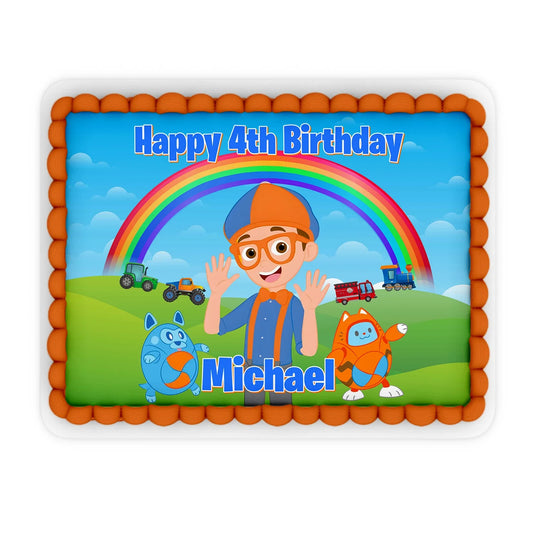 Blippi personalized edible sheet cake images with bold blue and orange theme, rectangular edible frosting sheets on white background