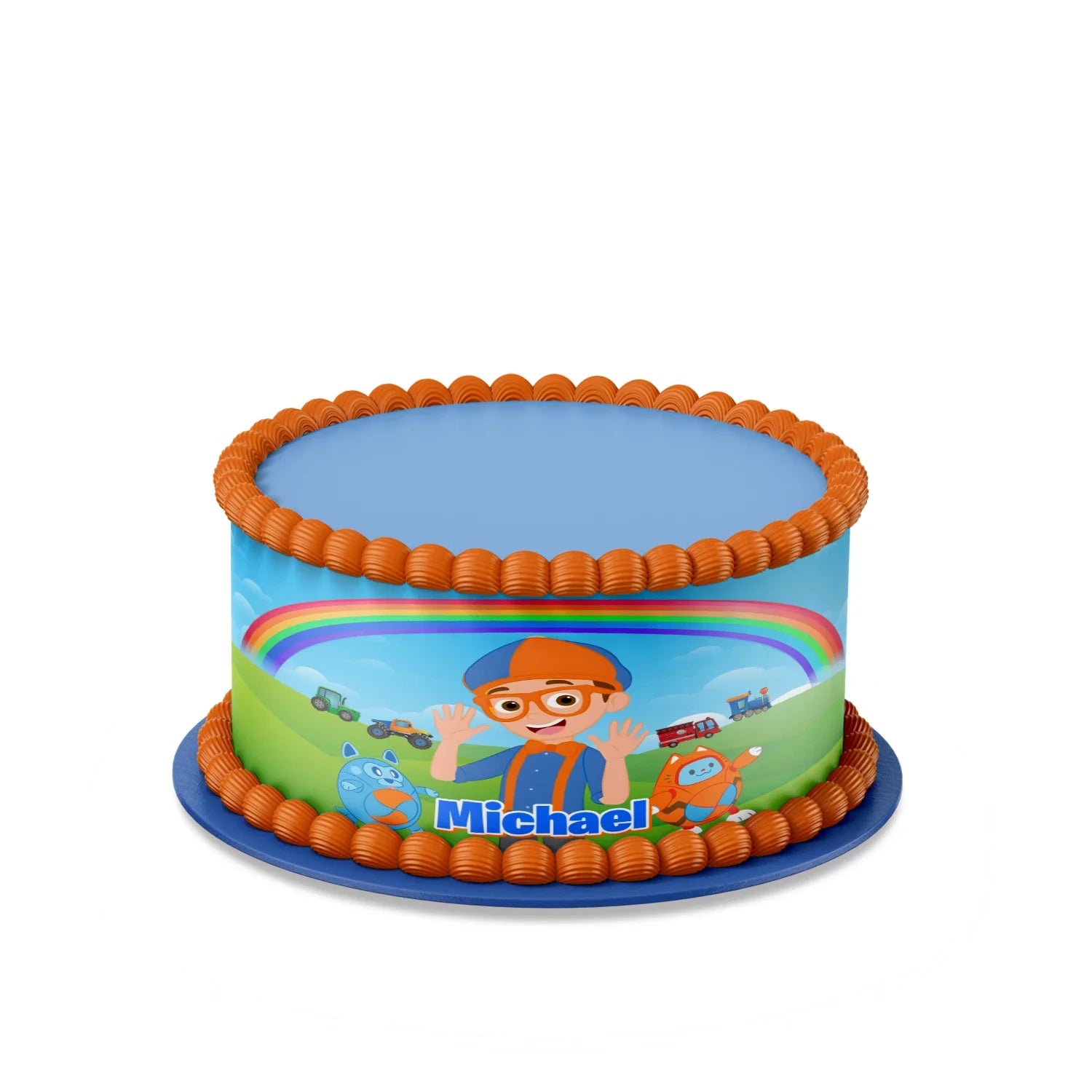 Blippi personalized cake strips image with colorful blue and orange design sized for round cakes, printable strip layout on white background