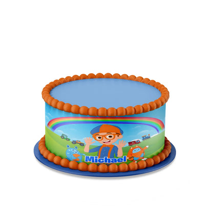 Blippi personalized cake strips image with colorful blue and orange design sized for round cakes, printable strip layout on white background
