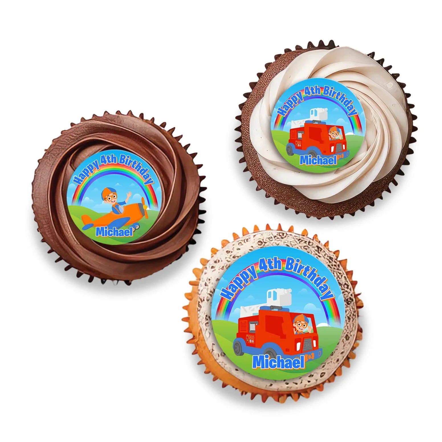 Blippi personalized cupcakes toppers in blue and orange theme, small round toppers arranged in flat lay on white background